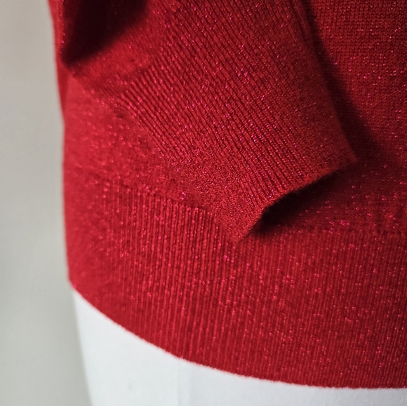 MOLLY BRACKEN NWT Red Sparkle V-Neck Sweater with Ruffle Shoulders. Size Large - Picture 7 of 13